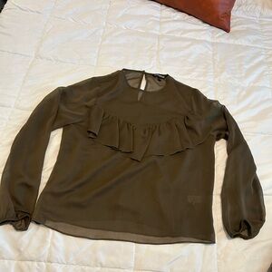 Express Olive Blouse with Ruffle Detail